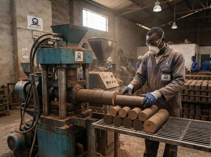 Worker at the hydraulic briquette press