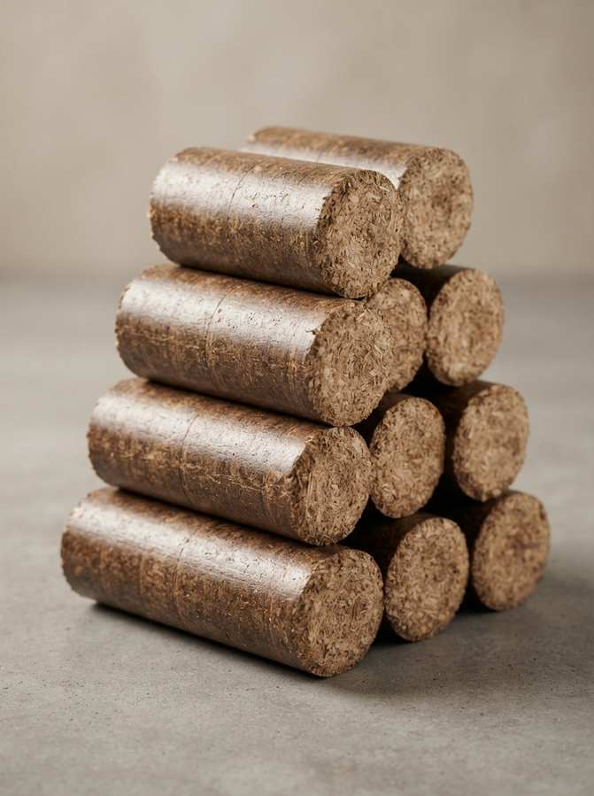 Solid sawdust briquettes stacked in a pyramid
