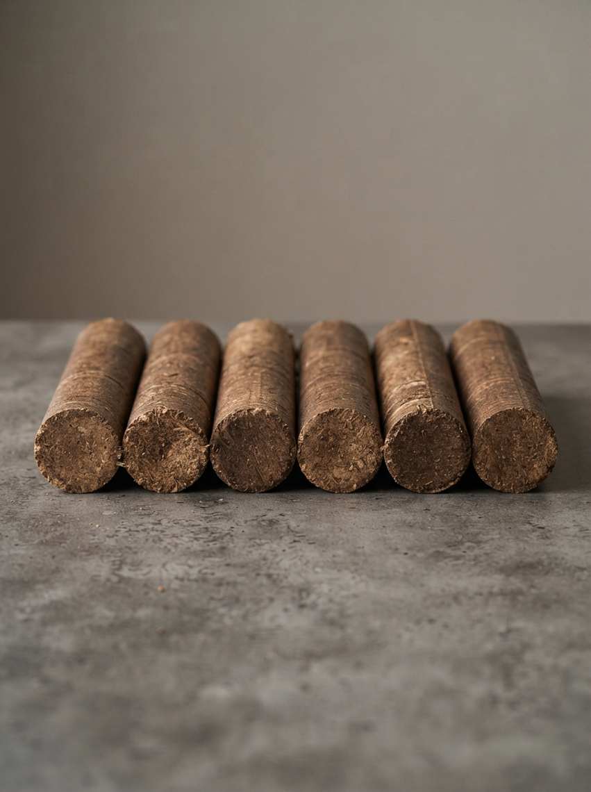 Six solid briquettes in a row, front view